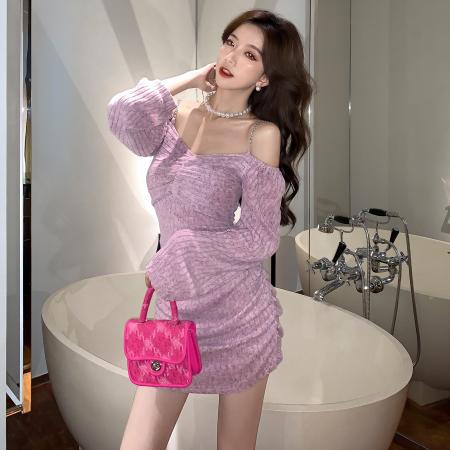 FA49048# 秋装新款性感露肩一字领吊带针织磨毛连衣裙修身包臀打短裙 服裝批發女裝批發服飾貨源