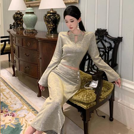 FA49051# 秋新款法式气质时尚设计感上衣高腰开叉半身裙精致高级感套装 服裝批發女裝批發服飾貨源