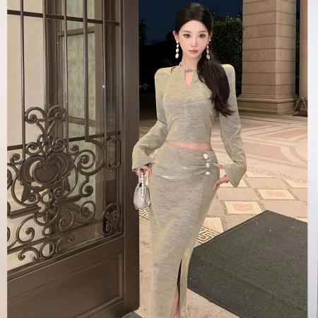 FA49051# 秋新款法式气质时尚设计感上衣高腰开叉半身裙精致高级感套装 服裝批發女裝批發服飾貨源