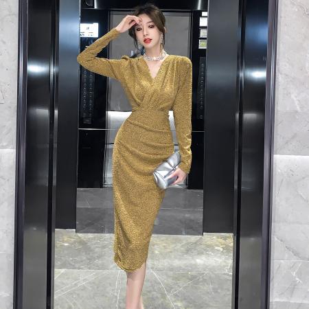 FA49053# 温柔风轻奢包臀裙气质名媛长袖连衣裙收腰开叉高级感亮丝礼服 服裝批發女裝批發服飾貨源