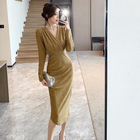 FA49053# 温柔风轻奢包臀裙气质名媛长袖连衣裙收腰开叉高级感亮丝礼服 服裝批發女裝批發服飾貨源