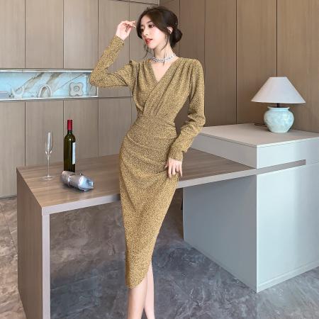 FA49053# 温柔风轻奢包臀裙气质名媛长袖连衣裙收腰开叉高级感亮丝礼服 服裝批發女裝批發服飾貨源