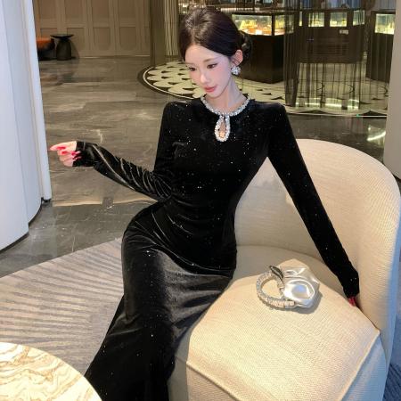 FA49054# 水滴亮片领口优雅轻奢气质丝绒浪漫复古高腰连衣裙礼服长裙女 服裝批發女裝批發服飾貨源