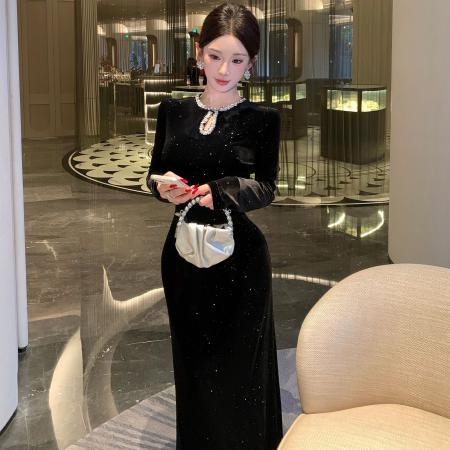 FA49054# 水滴亮片领口优雅轻奢气质丝绒浪漫复古高腰连衣裙礼服长裙女 服裝批發女裝批發服飾貨源