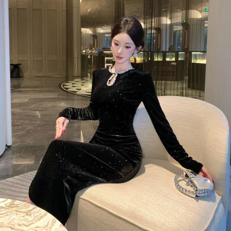 FA49054# 水滴亮片领口优雅轻奢气质丝绒浪漫复古高腰连衣裙礼服长裙女 服裝批發女裝批發服飾貨源