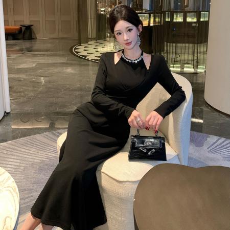 FA49056# 法式假两件钉钻长袖连衣裙秋冬内搭气质收腰修身包臀礼服长裙 服裝批發女裝批發服飾貨源