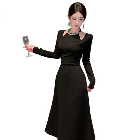 FA49056# 法式假两件钉钻长袖连衣裙秋冬内搭气质收腰修身包臀礼服长裙 服裝批發女裝批發服飾貨源