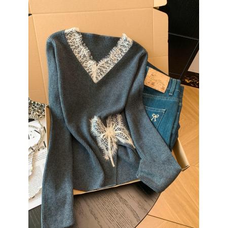 FA49061# 法式立体蝴蝶装饰V领蕾丝拼接甜美修身显瘦内搭秋冬针织上衣 服裝批發女裝批發服飾貨源