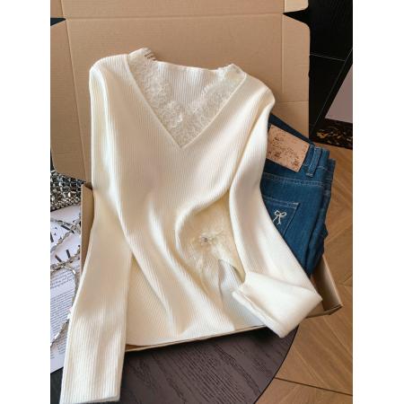 FA49061# 法式立体蝴蝶装饰V领蕾丝拼接甜美修身显瘦内搭秋冬针织上衣 服裝批發女裝批發服飾貨源