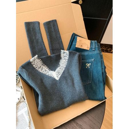 FA49061# 法式立体蝴蝶装饰V领蕾丝拼接甜美修身显瘦内搭秋冬针织上衣 服裝批發女裝批發服飾貨源