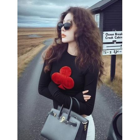 FA49065# 纯欲甜辣妹撞色立体毛绒长袖t恤上衣设计感秋冬修身显瘦打底衫女 服裝批發女裝批發服飾貨源