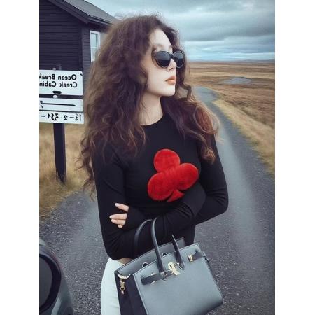 FA49065# 纯欲甜辣妹撞色立体毛绒长袖t恤上衣设计感秋冬修身显瘦打底衫女 服裝批發女裝批發服飾貨源