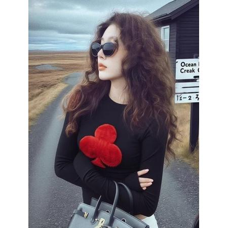 FA49065# 纯欲甜辣妹撞色立体毛绒长袖t恤上衣设计感秋冬修身显瘦打底衫女 服裝批發女裝批發服飾貨源