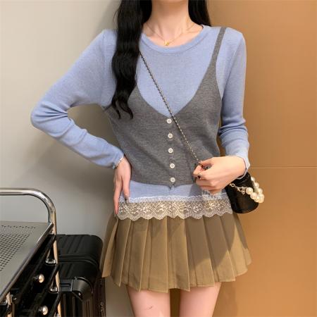 FA49066# 假两件套头针织衫毛衣 服裝批發女裝批發服飾貨源