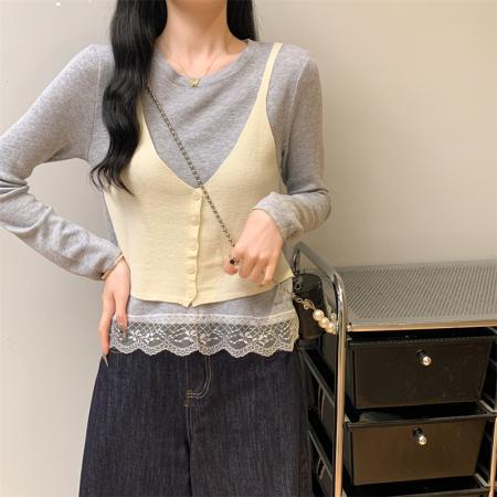 FA49066# 假两件套头针织衫毛衣 服裝批發女裝批發服飾貨源