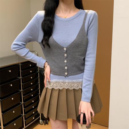 FA49066# 假两件套头针织衫毛衣 服裝批發女裝批發服飾貨源