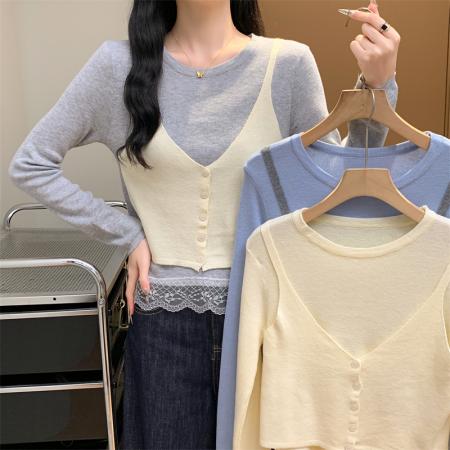 FA49066# 假两件套头针织衫毛衣 服裝批發女裝批發服飾貨源