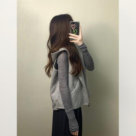 FA49069# 韩国chic简约连帽毛呢马甲女秋冬新款高级感宽松百搭无袖外套潮 服裝批發女裝批發服飾貨源