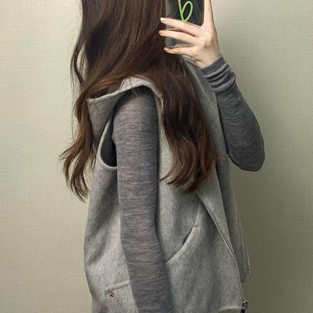 FA49069# 韩国chic简约连帽毛呢马甲女秋冬新款高级感宽松百搭无袖外套潮 服裝批發女裝批發服飾貨源