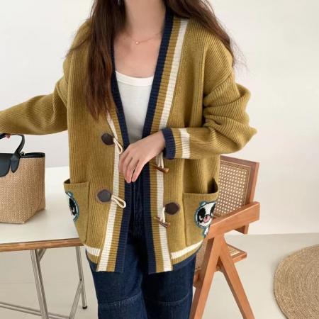 FA49071# 欧洲站秋装新款休闲宽松V领针织开衫女长袖毛衣外搭上衣 服裝批發女裝批發服飾貨源