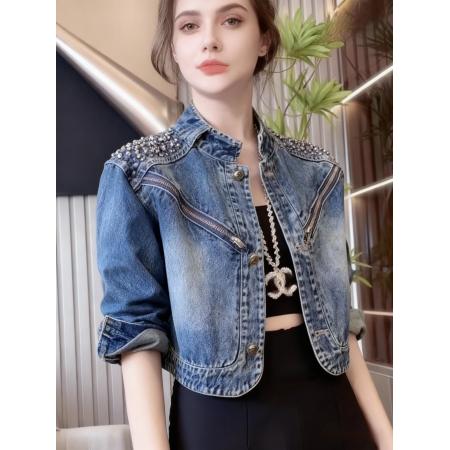 FA49072# 欧洲咱镶钻立领时尚优雅独特气质短款牛仔上衣外套 服裝批發女裝批發服飾貨源