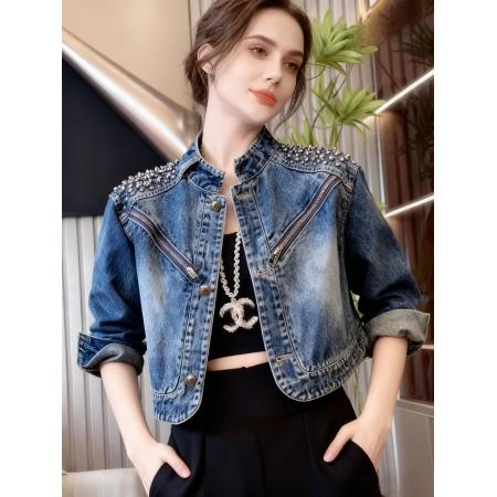 FA49072# 欧洲咱镶钻立领时尚优雅独特气质短款牛仔上衣外套 服裝批發女裝批發服飾貨源