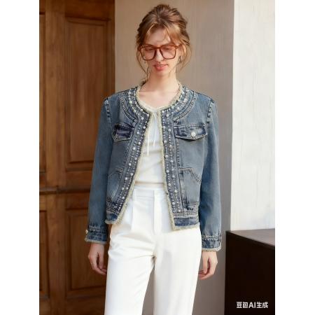 FA49073# 新款重工钉珠宽松高品质简约时尚百搭牛仔夹克上衣 服裝批發女裝批發服飾貨源