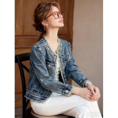 FA49073# 新款重工钉珠宽松高品质简约时尚百搭牛仔夹克上衣 服裝批發女裝批發服飾貨源
