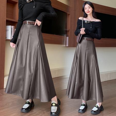 FA49074# PU皮半身裙女秋冬新款百搭大摆皮裙中长a字裙遮胯显瘦皮长裙 服裝批發女裝批發服飾貨源