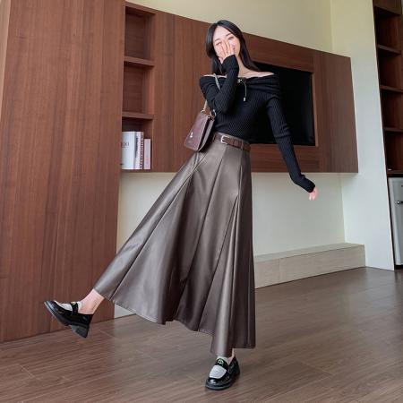 FA49074# PU皮半身裙女秋冬新款百搭大摆皮裙中长a字裙遮胯显瘦皮长裙 服裝批發女裝批發服飾貨源