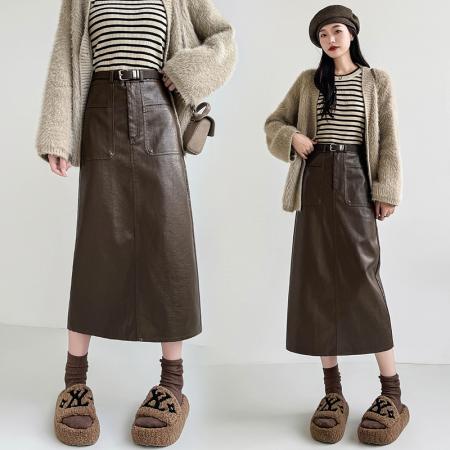 FA49075# 秋冬高腰显瘦中长款包臀开叉洗水皮半身一步长裙送腰带 服裝批發女裝批發服飾貨源