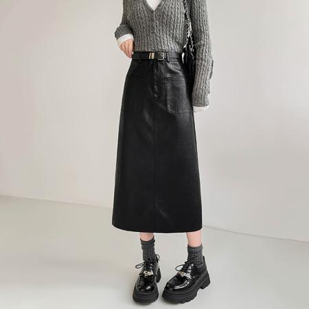 FA49075# 秋冬高腰显瘦中长款包臀开叉洗水皮半身一步长裙送腰带 服裝批發女裝批發服飾貨源