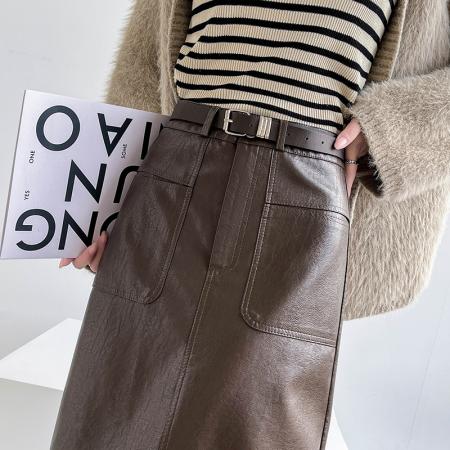 FA49075# 秋冬高腰显瘦中长款包臀开叉洗水皮半身一步长裙送腰带 服裝批發女裝批發服飾貨源