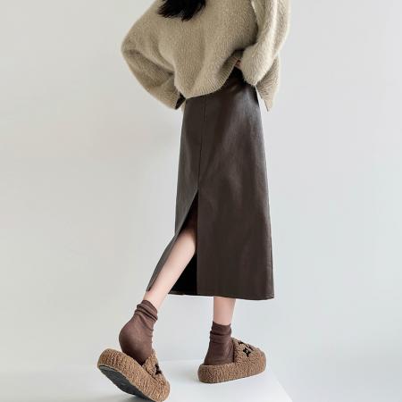 FA49075# 秋冬高腰显瘦中长款包臀开叉洗水皮半身一步长裙送腰带 服裝批發女裝批發服飾貨源