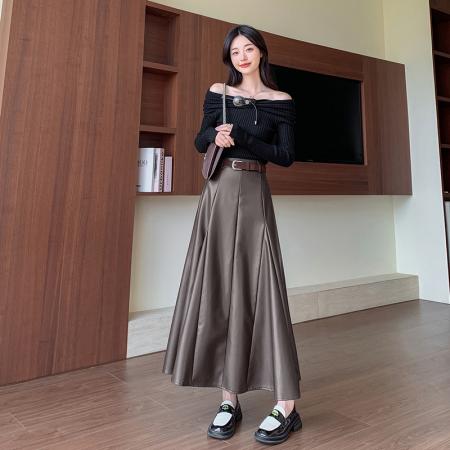 FA49076# PU皮半身裙女秋冬新款百搭大摆皮裙中长a字裙遮胯显瘦皮长裙 服裝批發女裝批發服飾貨源