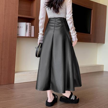 FA49076# PU皮半身裙女秋冬新款百搭大摆皮裙中长a字裙遮胯显瘦皮长裙 服裝批發女裝批發服飾貨源