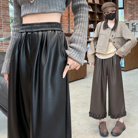 FA49077# 木耳边软皮裤女秋季新款高腰阔腿裤时尚气质百搭直筒裤子 服裝批發女裝批發服飾貨源