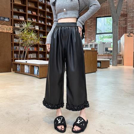 FA49077# 木耳边软皮裤女秋季新款高腰阔腿裤时尚气质百搭直筒裤子 服裝批發女裝批發服飾貨源