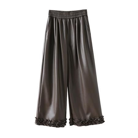 FA49077# 木耳边软皮裤女秋季新款高腰阔腿裤时尚气质百搭直筒裤子 服裝批發女裝批發服飾貨源