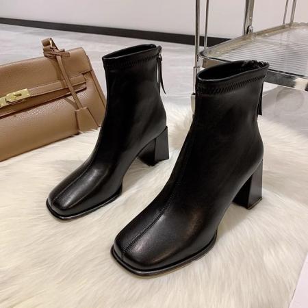 X-32951# 靴子女秋冬新款方头白色靴子粗跟短靴高跟鞋加绒女鞋不累脚瘦瘦靴