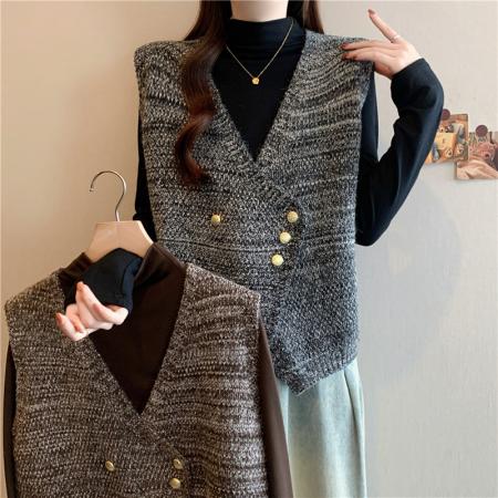 FA49082# 秋冬新款大码女装胖mm针织V领马甲高领打底衫上衣两件套 服裝批發女裝批發服飾貨源