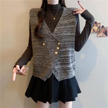 FA49082# 秋冬新款大码女装胖mm针织V领马甲高领打底衫上衣两件套 服裝批發女裝批發服飾貨源