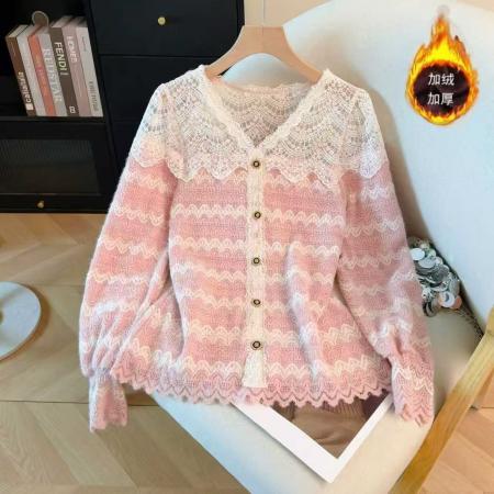 FA49083# v领蕾丝打底衫女秋冬新款女装加绒内搭上衣别致洋气小衫 服裝批發女裝批發服飾貨源