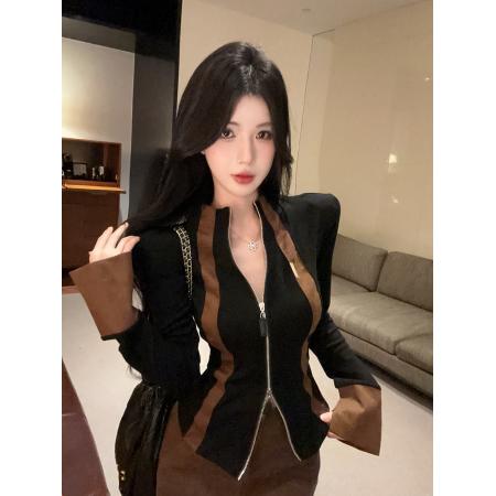 FA49084# 法式拼色双拉链长袖上衣 服裝批發女裝批發服飾貨源