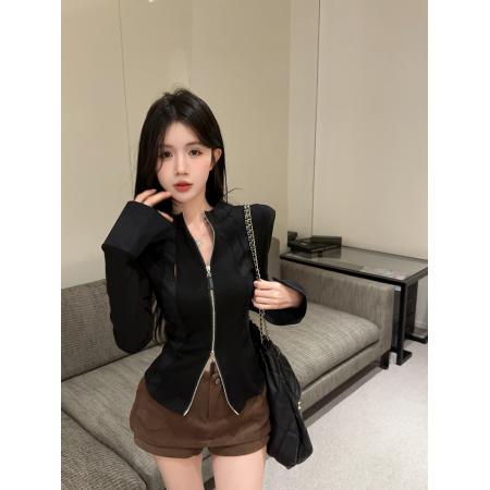 FA49084# 法式拼色双拉链长袖上衣 服裝批發女裝批發服飾貨源