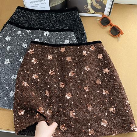 FA49085# 小香风亮片毛呢短裙女冬季新款a字包臀裙气质半身裙 服裝批發女裝批發服飾貨源