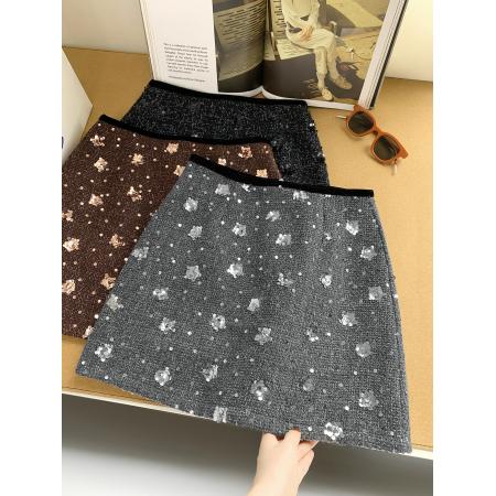 FA49085# 小香风亮片毛呢短裙女冬季新款a字包臀裙气质半身裙 服裝批發女裝批發服飾貨源