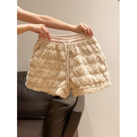 FA49086# 卡其毛绒爱心加厚保暖系带短裤女秋冬新款高腰休闲裤 服裝批發女裝批發服飾貨源