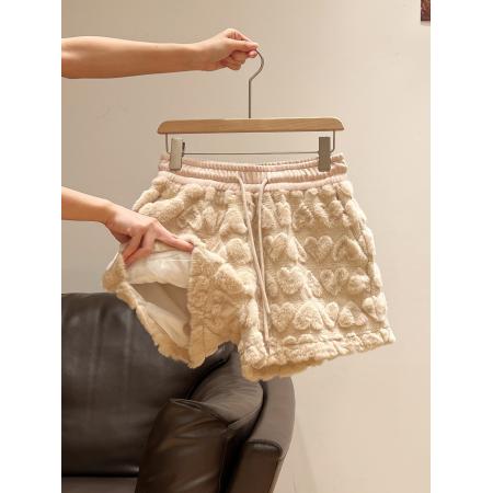 FA49086# 卡其毛绒爱心加厚保暖系带短裤女秋冬新款高腰休闲裤 服裝批發女裝批發服飾貨源