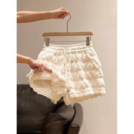 FA49086# 卡其毛绒爱心加厚保暖系带短裤女秋冬新款高腰休闲裤 服裝批發女裝批發服飾貨源